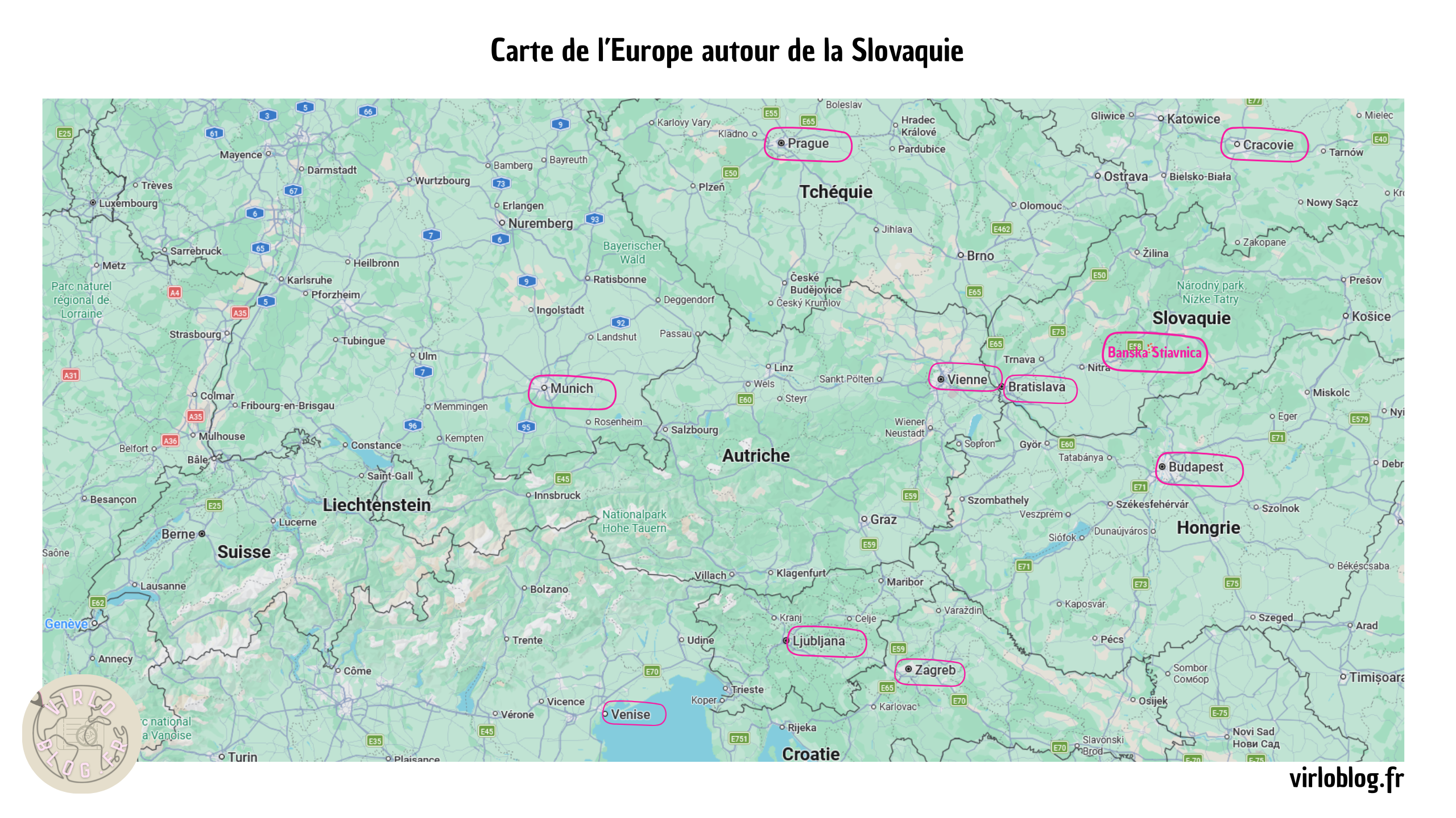 Carte de la Slovaquie et de l'Europe centrale avec Banská Štiavnica, Bratislava, Budapest et Vienne